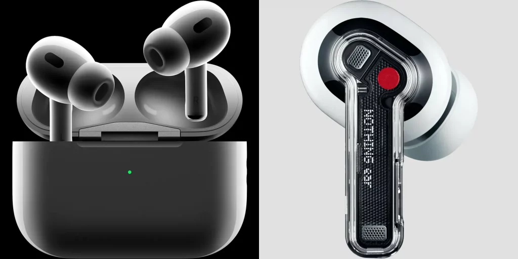 Apples AirPods Pro 2 vs Nothing Ear earbuds side by side photo