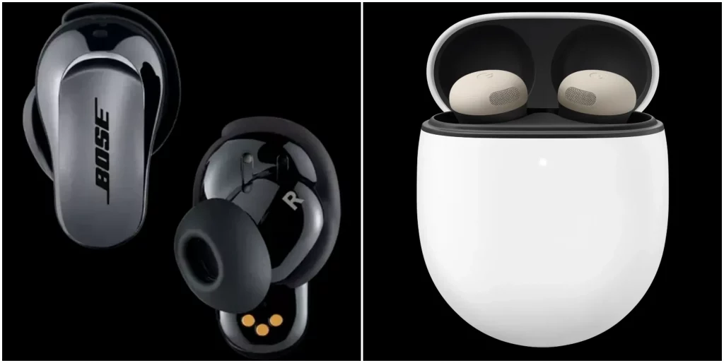 Bose QuietComfort Ultra Earbuds vs Google Pixel Buds Pro 2 earbuds side by side photo