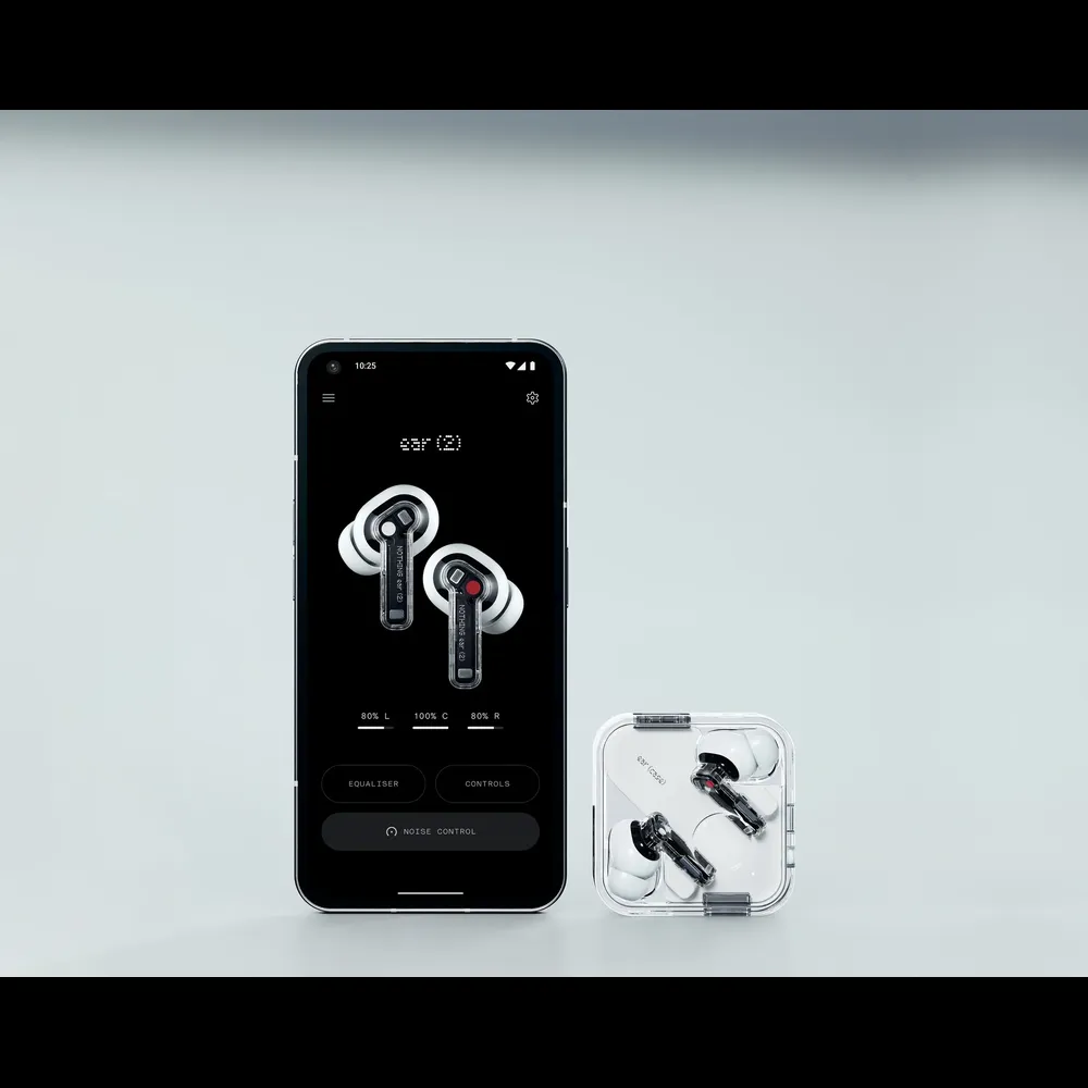 Nothing Ear 2 earbuds with phone showing app