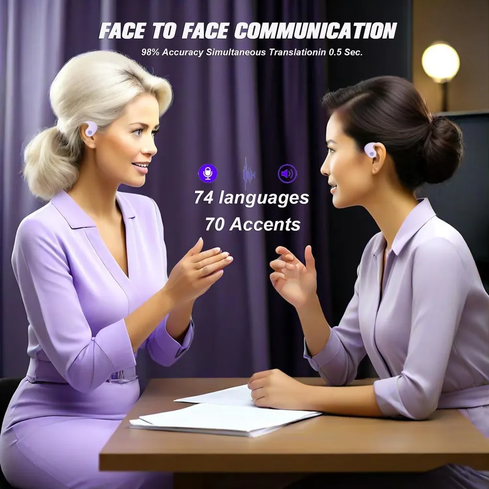 Xmenha Translation Earbuds promotional photo showing two women with earbuds communicating