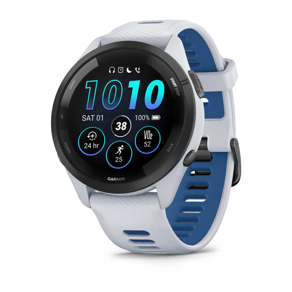 Garmin Forerunner 265 Smartwatch with Black Bezel with Whitestone/Tidal Blue Silicone Band