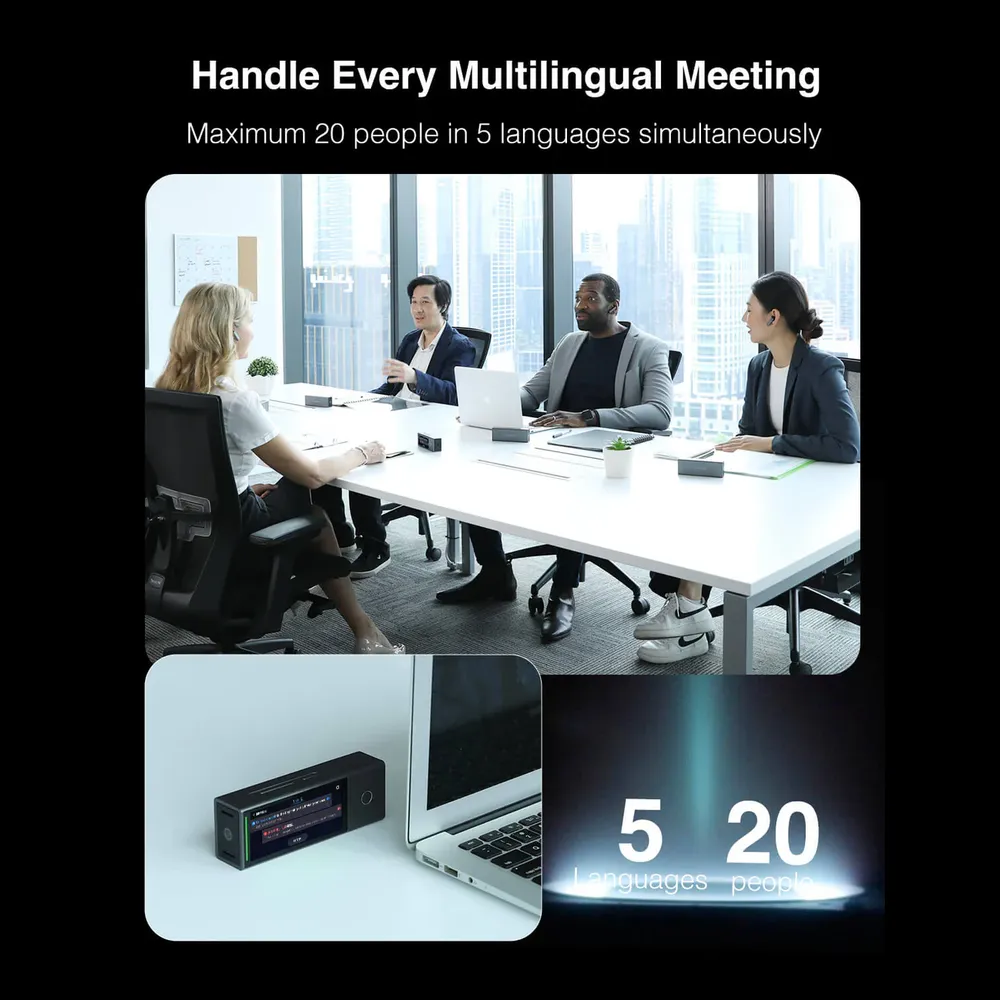 Timekettle X1 AI Interpreter Hub shown in a meeting room with professionals