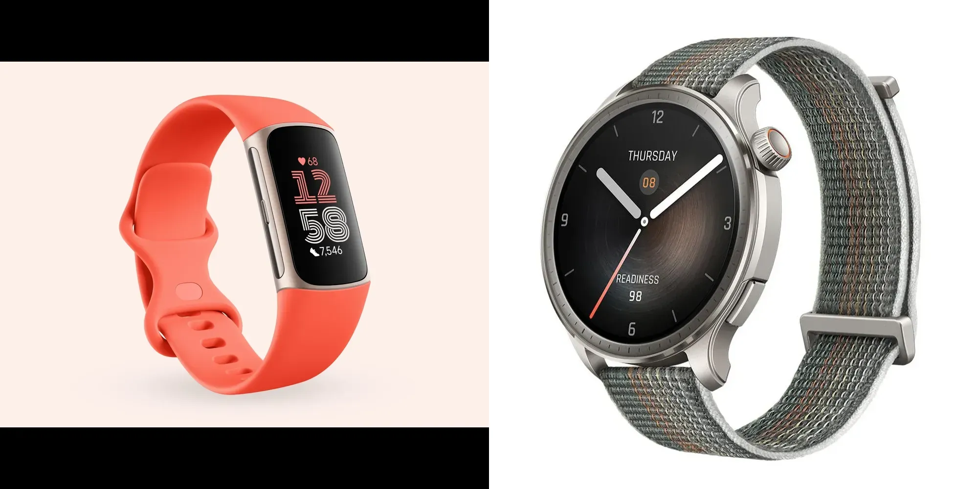 Fitbit Charge 6 vs Amazfit Balance Smartwatch comparison. Fitbit Charge 6 with Coral band on left part of picture and amazfit balance 6 on the right side of picture
