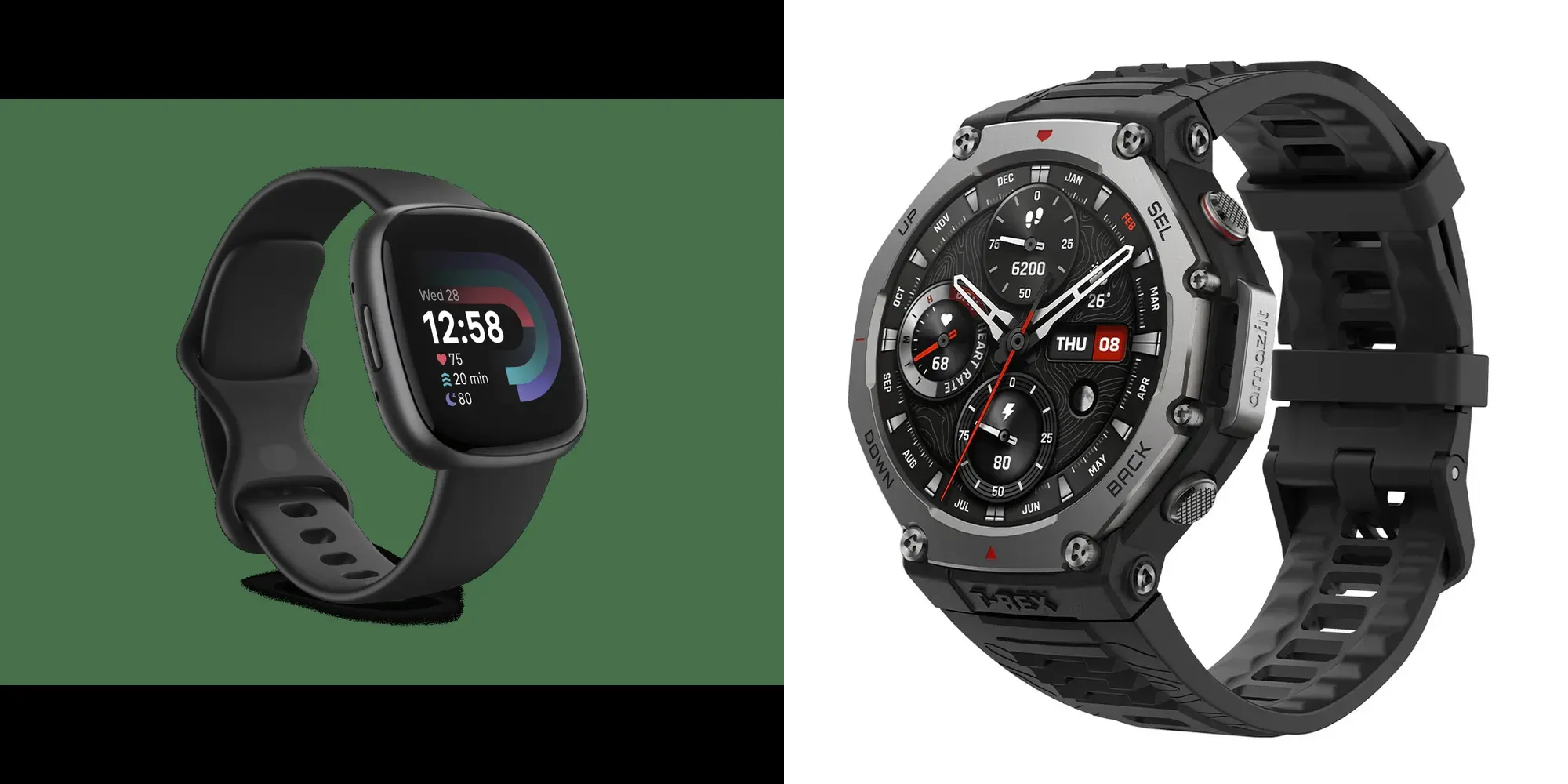 Fitbit Versa 4 vs Amazfit T-Rex 3 side by side images